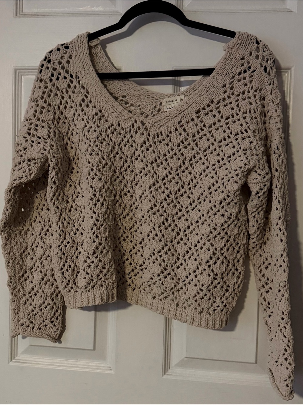 Nicole Miller Crochet Sweater S Cream Open Knit V Neck Boho Artelier